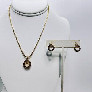 Gold Tone Snake Chain Necklace With Rhinestone Circle Pendant & Earrings (5827)